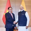 PM Pham Minh Chinh (left) and his Indian counterpart Narendra Modi meets at the expanded G7 Summit in Hiroshima, Japan, on May 20, 2023. (Photo: VNA)