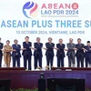 Vietnamese PM Pham Minh Chinh (fifth from left), other heads of ASEAN countries’ delegations, Chinese Premier Li Qiang (fifth from right), the RoK’s President Yoon Suk Yeol (sixth from left), Japanese PM Ishiba Shigeru (centre) at the 27th ASEAN Plus Three Summit in Vientiane on October 10. (Photo: VNA)