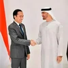 Le président Joko Widodo (gauche) rencontre son homologue émirati Mohamed ben Zayed Al Nahyan au palais Al Shatie à Abu Dhabi le 1er juillet 2022. 