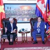 Vo Van Hoan, vicepresidente del Comité Popular de Ciudad Ho Chi Minh, felicitó a Chan Sorykan, cónsul general de Camboya en la urbe (derecha), con motivo del 71º aniversario del Día Nacional de Camboya. (Fuente: VNA)