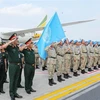 Líderes del Departamento de Operaciones de Mantenimiento de la Paz de Vietnam, representantes de las agencias del Ministerio de Defensa en la ceremonia de bienvenida de la segunda rotación de la unidad de ingeniería militar de regreso al país (Fuente: VNA)