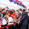 Ceremonia de bienvenida del presidente de la Asamblea Nacional de Vietnam, Tran Thanh Man, en el Aeropuerto Internacional de Phnom Penh. (Fuente: VNA)