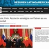 Capture d'écran d'un article du Resumen Latinoamericano sur la visite du président russe Vladimir Poutine au Vietnam. Photo: VNA