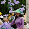 Une charmante enseignante avec des fleurs de poinciana violettes en papier combinées à un chapeau conique et un ao dai. Photo : Nguyen Dung – VNA