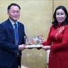 La vice-présidente du Comité populaire de la ville de Da Nang (Centre), Nguyen Thi Anh Thi, a remis un cadeau au maire adjoint de Sakai (Japon), Motoya Kazuhiro. Photo : VNA