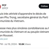 Les condoléances du chef du Parti communiste français, Fabien Roussel, à la page X du Parti communiste français. Photo : VNA