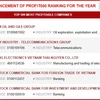 A screenshot of the rankings published on the website profit500.vn.