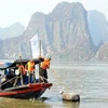 Oficiales militares participan en la limpieza de los desechos y la basura que el tifón Yagi arrojó a la bahía de Ha Long. La campaña de limpieza, de tres días de duración, comenzó el 15 de septiembre. (Foto: VNA)