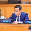 El embajador Dang Hoang Giang, jefe de la misión permanente del país indochino ante las Naciones Unidas (ONU), interviene en la sesión de debate (Fuente: VNA)