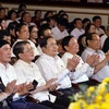 National Assembly (NA) Chairman Tran Thanh Man (fourth from left) attends a special art programme themed "Nang Ba Dinh” (Ba Dinh sunshine) at the Hanoi Opera House on August 27. (Photo: VNA)