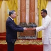 Sri Lankan Ambassador Poshitha Perera (R) presents his credentials to Party General Secretary and State President To Lam in Hanoi on September 17. (Photo: VNA)