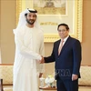 Prime Minister Pham Minh Chinh (R) hosts a reception for UAE Minister of Economy Abdulla Bin Touq Al Marri in Abu Dhabi on October 28. (Photo: VNA)