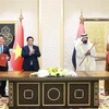 Prime Minister Pham Minh Chinh (second from left) and UAE Vice President and Prime Minister Sheikh Mohammed bin Rashid Al Maktoum (second from right) witness the signing of Comprehensive Economic Partnership Agreement (CEPA) between Vietnam and the United Arab Emirates (UAE) (Photo: VNA)