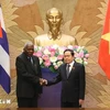 President of the National Assembly of People's Power of Cuba Esteban Lazo Hernandez (L) shakes hands with NA Chairman Tran Thanh Man in July 2024. (Photo: VNA)