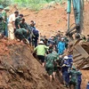Las fuerzas pertinentes de la provincia de Ha Giang se esfuerzan por buscar a las víctimas del deslizamiento de tierra. (Foto: VNA)