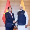 El primer ministro de Vietnam, Pham Minh Chinh (izquierda), y su homólogo indio, Narendra Modi, se reúnen en la Cumbre ampliada del G7 en Hiroshima, Japón, el 20 de mayo de 2023. (Foto: VNA)