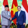 El primer ministro de Vietnam, Pham Minh Chinh (derecha), recibe al presidente de Indonesia, Prabowo Subianto. (Foto: VNA)