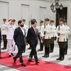 El presidente vietnamita, Luong Cuong (derecha), y su homólogo chileno, Gabriel Boric Font, pasan revista a la guardia de honor en Santiago. (Foto: VNA)