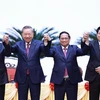 越共中央总书记、国家主席苏林和越南政府总理范明政、国会主席陈青敏和中央书记处梁强。图自越通社