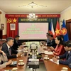 The delegation from the northern province of Ha Nam hold a working session with the Vietnamese Embassy in the Czech Republic. (Photo: published by VNA)