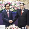 NA Chairman Tran Thanh Man (R) shakes hands with General Director of Samsung Vietnam Choi Joo. (Photo: VNA)