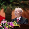 阮富仲总书记在越南共产党第十三次全国代表大会开幕式上发表讲话。图自越通社