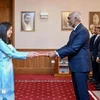 La embajadora vietnamita Trinh Thi Tam al presidente de Maldivas, Mohamed Muizzu. (Fuente: VNA)