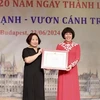 旅匈越南妇女协会会长潘碧善荣获外交部长授予的奖状。图自越通社