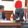 Secretary General of the Japanese Liberal Democratic Party (LDP), Motegi Toshimitsu (L), with Head of the National Research and Innovation Agency (BRIN), Laksana Tri Handoko, at the BRIN Office in Jakarta, July 29, 2024. (Photo: en.antaranews.com)