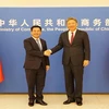 Minister of Industry and Trade Nguyen Hong Dien (L) and Chinese Minister of Commerce Wang Wentao shake hands before co-chairing the 13th session of the Vietnam-China Economic and Trade Cooperation Committee (Photo: VNA)