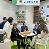 越南驻意大利大使杨海兴与意大利果蔬展览会主席伦佐·皮拉奇尼在越南展位直接交谈。图自越通社