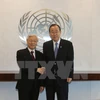 Los secretarios generales del Partido Comunista de Vietnam, Nguyen Phu Trong, y de la ONU, Ban Ki-moon (Fuente: VNA)