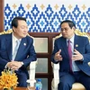 Премьер-министр Фам Минь Тьинь (справа) встречается с президентом РК Юн Сук Ёлем в Пномпене 12 ноября (Фото: ВИА)