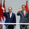 Президент Нгуен Суан Фук и Президент Индонезии Джоко Видодо на церемонии встречи. (Фото: ВИА)