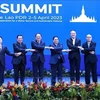 Премьер-министры Вьетнама, Лаоса и Камбоджи и другие делегаты на саммите. (Фото: ВИА)