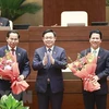 Председатель Национального собрания Выонг Динь Хюэ поздравил нового председателя финансово-бюджетного Комитета Национального собрания Ле Куанг Маня (слева) и нового министра природных ресурсов и окружающей среды Данг Куок Кханя (справа) на срок 2021-2026 