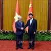 Председатель НПКСК Ван Хунин приветствует председателя Отечественного фронта Вьетнама До Ван Чиена (справа) в Большом зале народных собраний в Пекине. (Фото: Тхань Зыонг/ВИА)