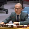 Советник-посланник Нгуен Хоанг Нгуен, временный поверенный в делах постоянного представительства Вьетнама при ООН, выступает на открытых дебатах в СБ ООН 25 марта. (Фото: ВИA)