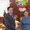越南祖国阵线中央委员会主席陈青敏礼节性拜会老挝国会主席巴妮•雅陶都。