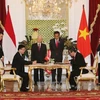 两位领导见证越南司法部与印尼司法与人权部之间的合作备忘录的签字仪式。