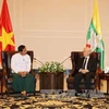 阮富仲总书记(右）会见缅甸联邦巩固与发展党主席丹泰。（图片来源：越通社）