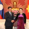 越南国会主席阮氏金银会见老挝总理通伦·西苏里。（图片来源：越通社）