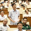 坚江省国会代表团代表在会议上发言。（图片来源：越通社）