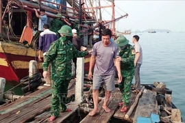 Border guards of Quang Binh province bring the saved fishermen to the mainland. (Source: VNA)