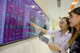 Two investors watch stock indices on an e-board. (Photo: VNA)