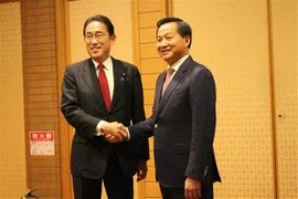 Deputy Prime Minister Le Minh Khai (R) and Japanese Prime Minister Kishida Fumio at their brief meeting in Tokyo on May 23. (Photo: VNA)