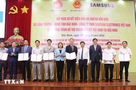 Delegates take a group photos after signing a memorandum of understanding on support programme for businesses in Bac Ninh in 2024. (Photo: VNA) 