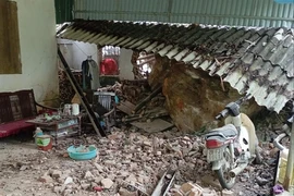 Rocks from the mountain rolled down onto a house in Cao Duong Commune, Luong Son District in Hoa Binh province following an earthquake on March 25 in Mỹ Đức District. (Photo: tuoitre.vn) 