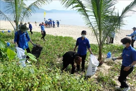 Collecting waste on a beach in the central region. (Photo: VNA)