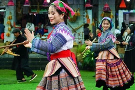Mong ethnic people perform a traditional folk dance at the Vietnamese Ethnic Culture and Tourism Village. (Photo: VNA)
